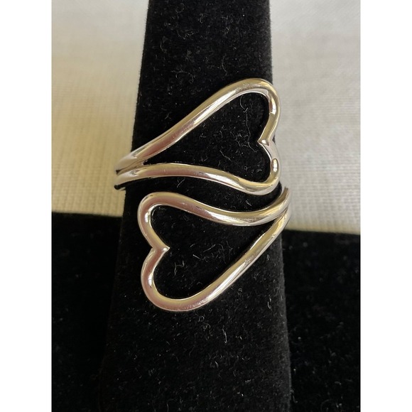 925 Sterling Silver double heart statement ring Estate jewelry size 7.75 - Picture 1 of 6